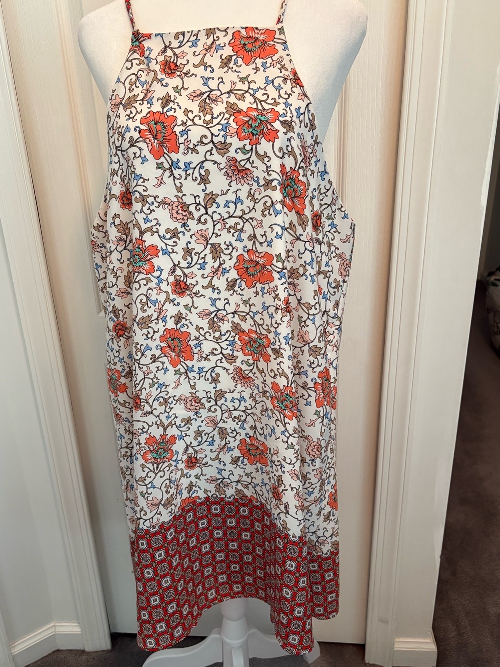Floral Halter Sundress with Border Print, cream lining XL